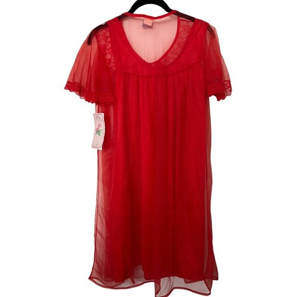 VTG Elsie of Miami Lingerie Red Sheer Lace Top Tie Peignoir Robe 1960's Sz L NWT - Picture 2 of 5